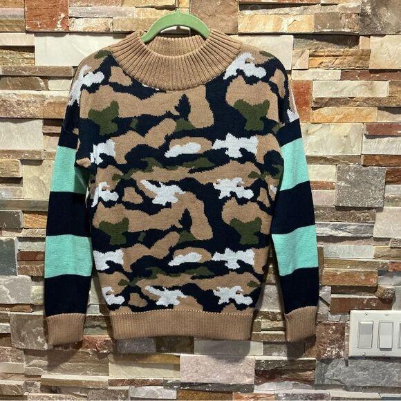 MSGM Camouflage Crewneck Sweater with Striped Sleeves - Picture 1 of 10